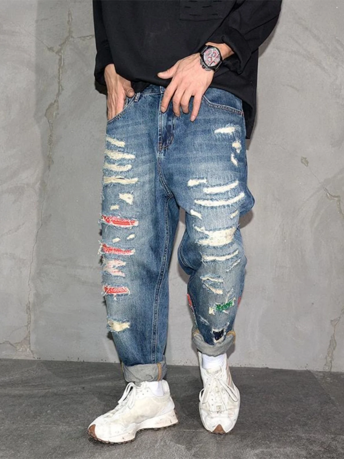 

American Casual Sle Men's Jeans with Large Ripped And Colored Patch Street Faion Brand Straight Tube Long Pants
