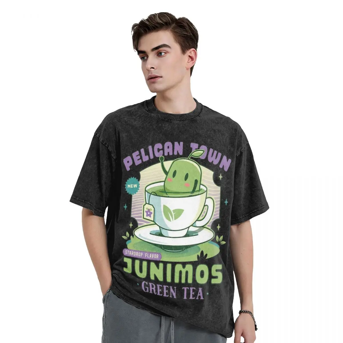 Washed T Shirt Junimos Green Tea Stardew Valley Hip Hop Cool T-Shirts Oversize Game Anime Streetwear Cotton Tees for Men Women