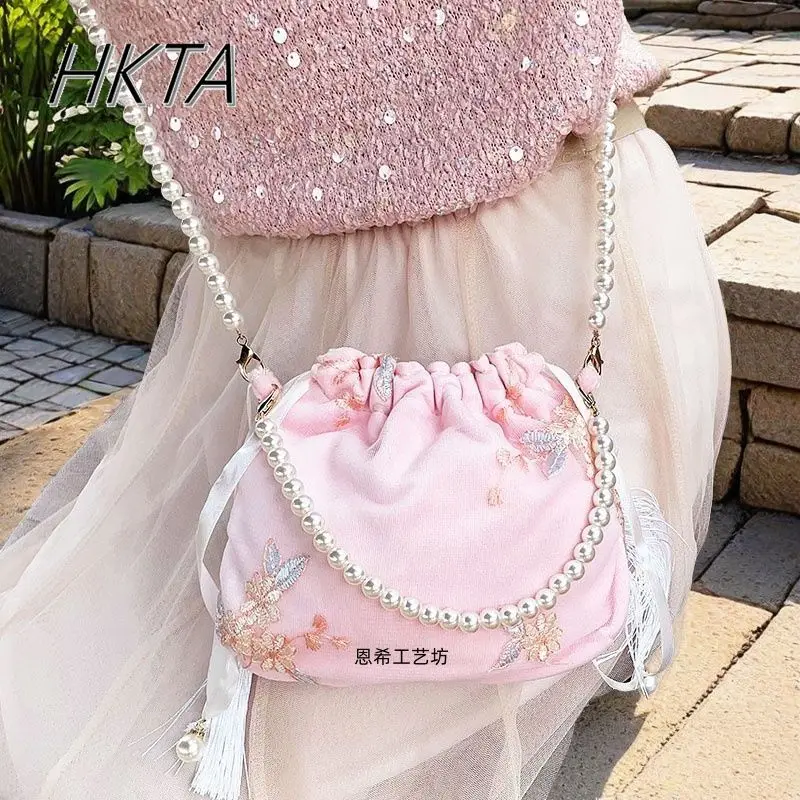 

Chinese Style Embroidery Versatile Bucket Portable Hanfu Cosmetic Bag Womens Lolita Sweet Portable Pearl Chain Shoulder Bag Girl