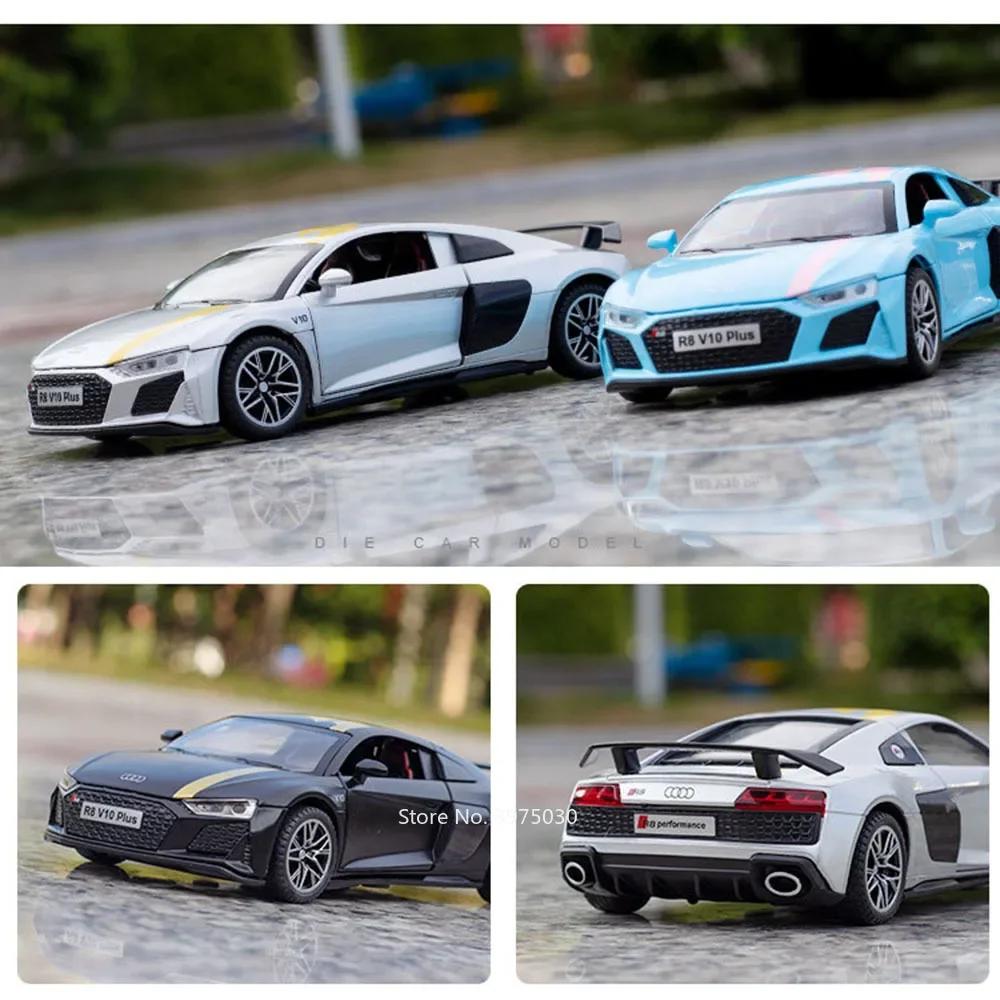 1:32 AUDI R8 V10 PLUS Sport Cars Alloy Diecast Toy Miniature Model with Light Sound Pull Back Vehicles Children Educational Toys