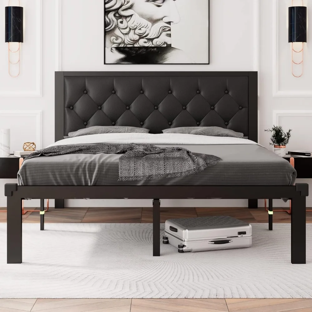 

Feonase Queen Size Metal Bed Frame with Faux Leather Button Tufted Headboard, Heavy-Duty Platform Bed Frame with 12" Storage