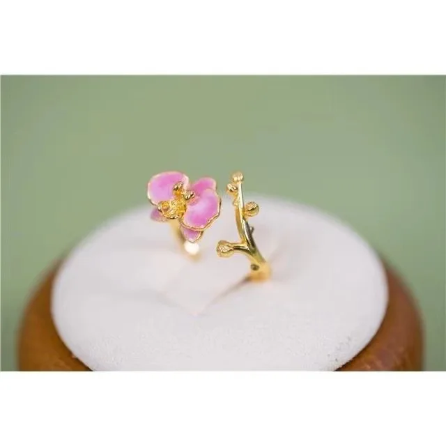 Elegant Gold Plated Pink Moth Orchid Opening Adjustable Ring for Women Enamel Flower Engagement Wedding Ring Fashion Jewelry