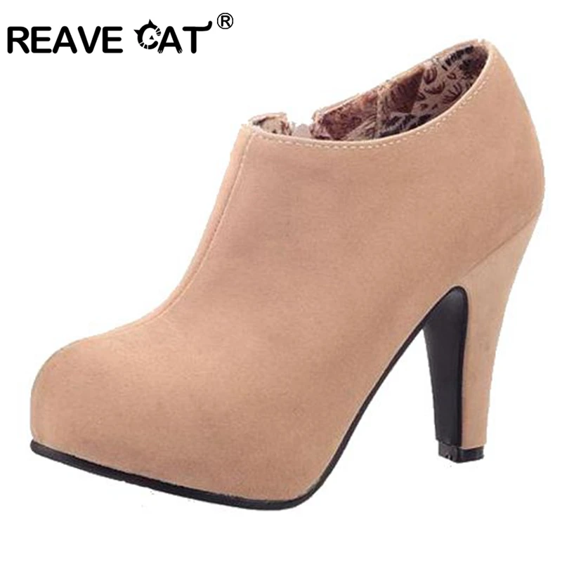 REAVE CAT Big size 32-45 Faux suede Women ankle boots Autumn Spring shoes 10cm heel Black Apricot Blue QL4259