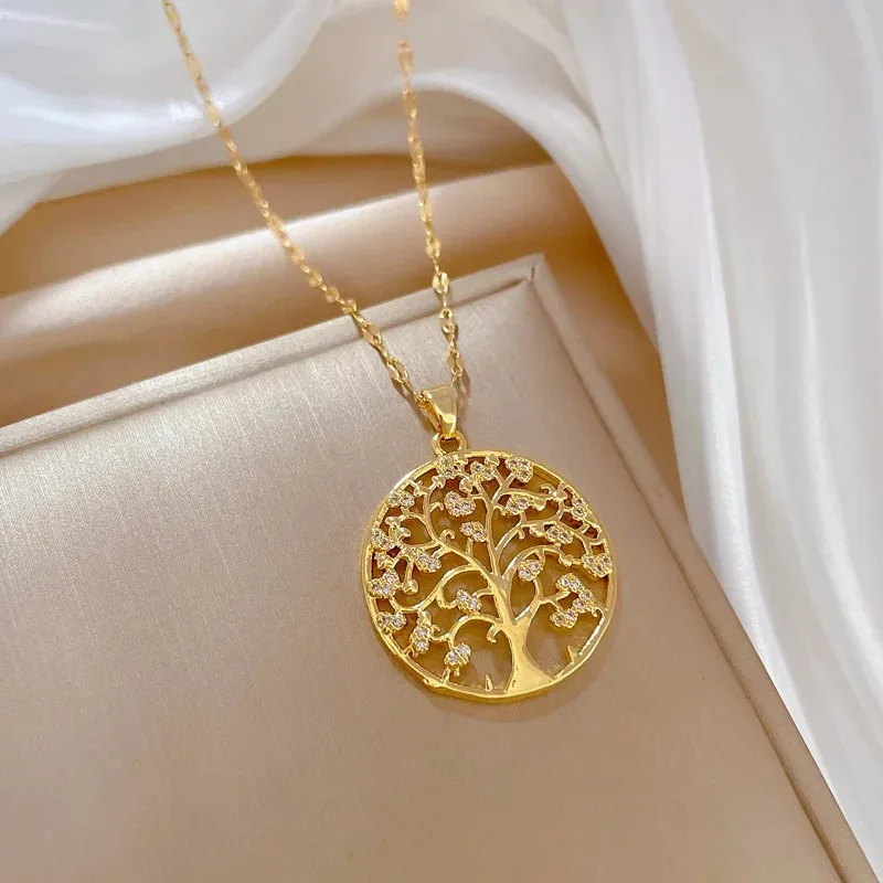 Temperamental Luxury Rhinestone Tree of Life Pendant Necklace Women Vintage Stainless Steel Waterproof Chain Aesthetic Jewelry image 4