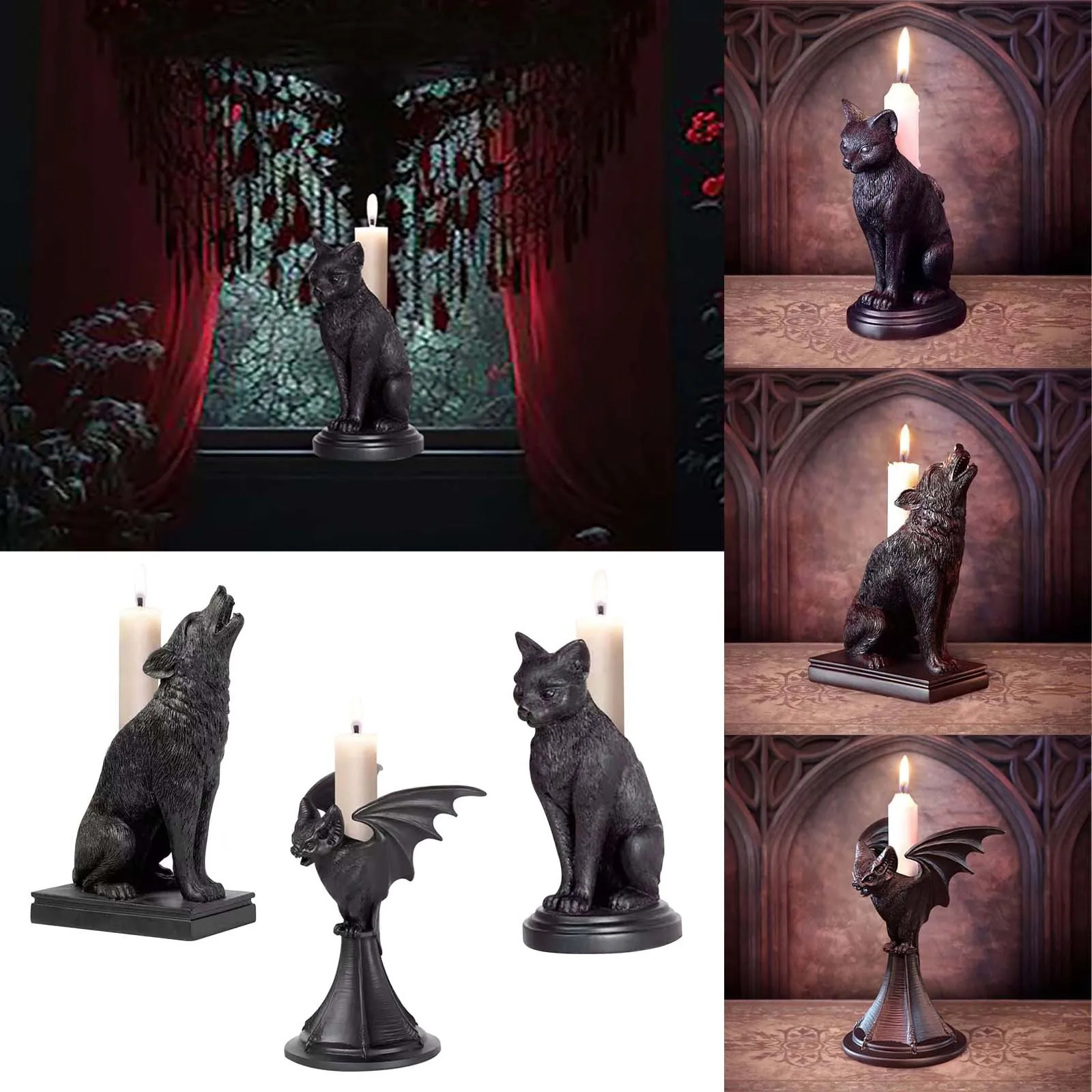 Retro Gothic Animal Candle Holder Black Bat Wolf Leopard Crow Cat Ornaments Halloween Fun Atmosphere Home Decoration Accessories