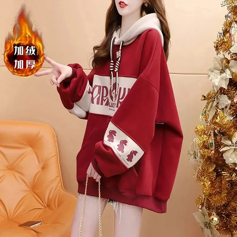 

Add Velvet Padded Hooded Red Sweater Women's 2024 New Autumn/Winter Explosion Foreign Style Aging Loose Lazy Wind Coat M964