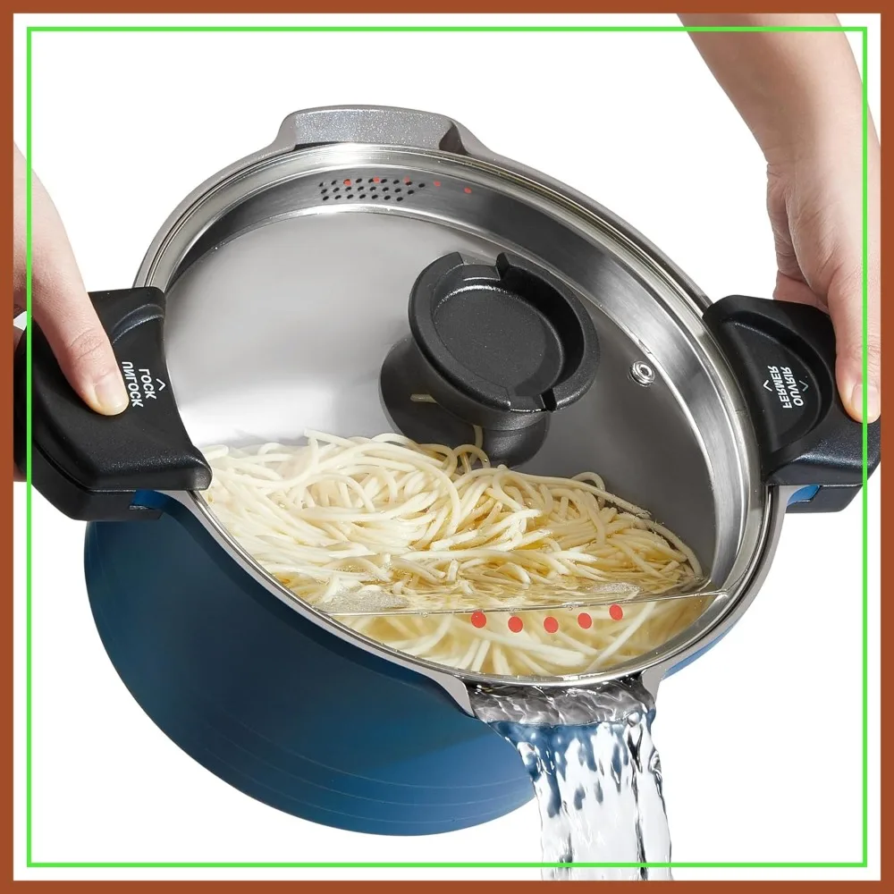 

8.5qt Pasta Pot with Strainer Lid, Cast Aluminum Stockpot, Nonstick Ceramic, Tempered Glass, Dishwasher Safe, Induction, Blue