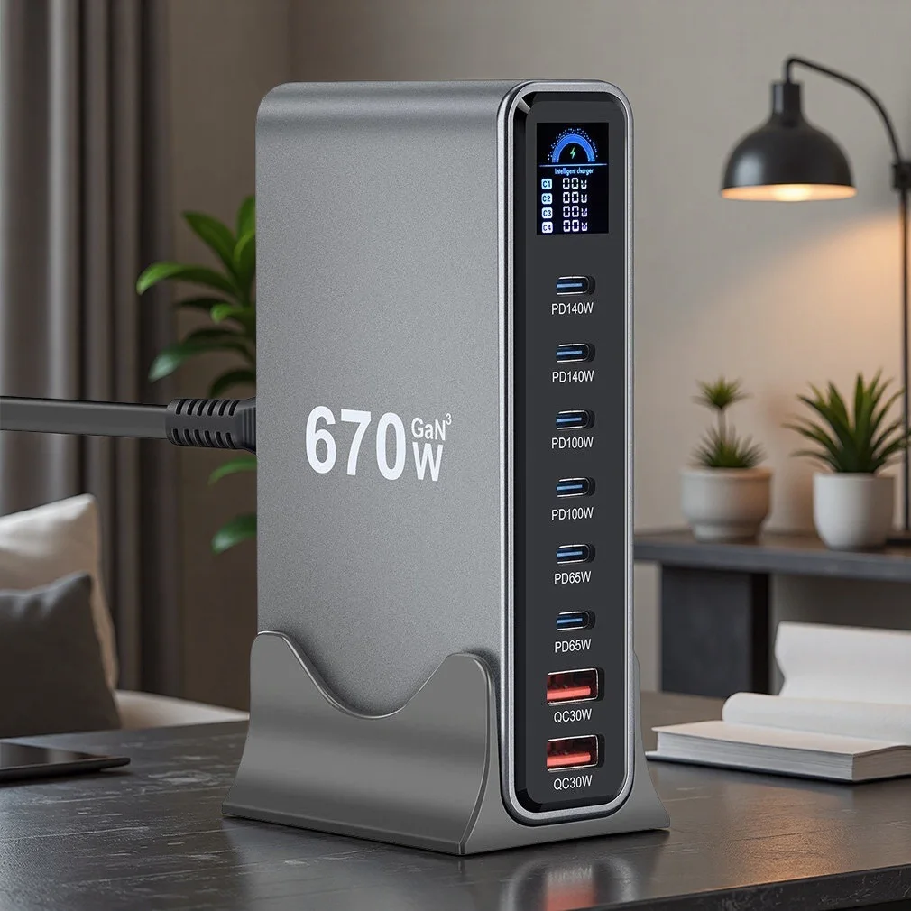 8-Port 670W Desktop GaN Fast Charger With TFT Digital Displa