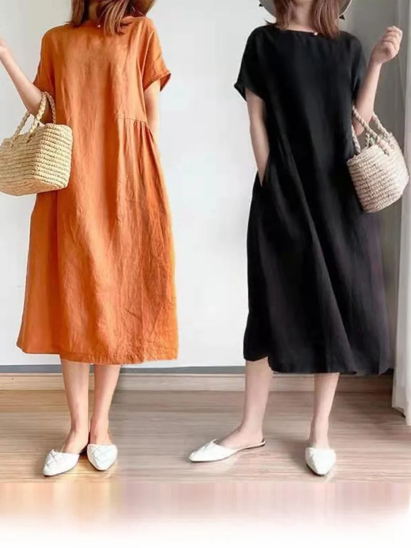 Summer Korean Style Loose Midi Dress Women's Artistic Slimming Large Size Mid-Length Skirt Simple  Color Cotton Dress