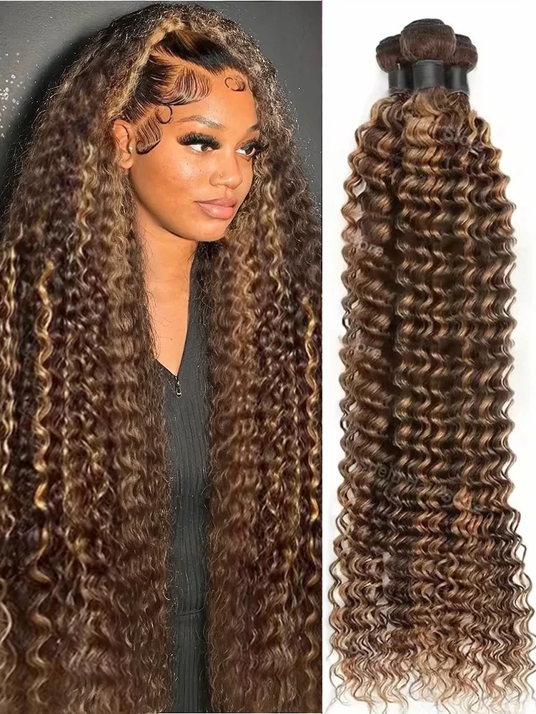 Water Wave Human Hair Bundles Highlight Ombre Honey Blonde Curly Bundles 1 3 4 Bundles Double Weft Water Curly Bundles