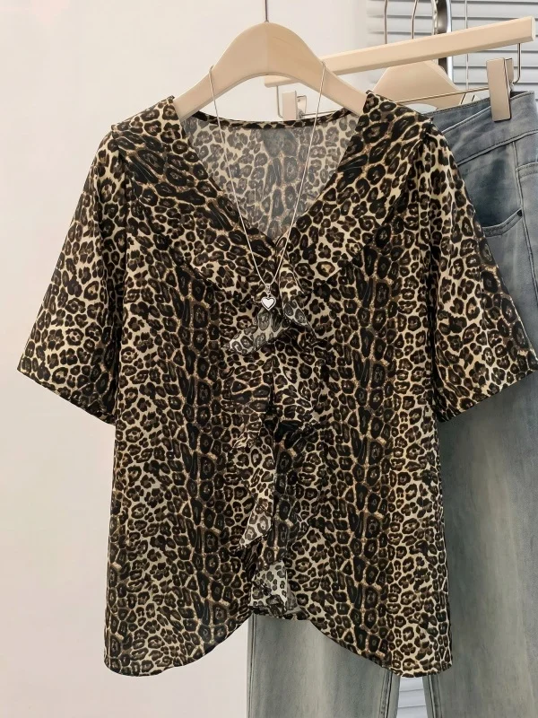 

Ladies' Short Sleeve V-Neck Leopard Print Shirt Summer New Style Large Size Irregular Fashion Top Korean Style Commute Wind