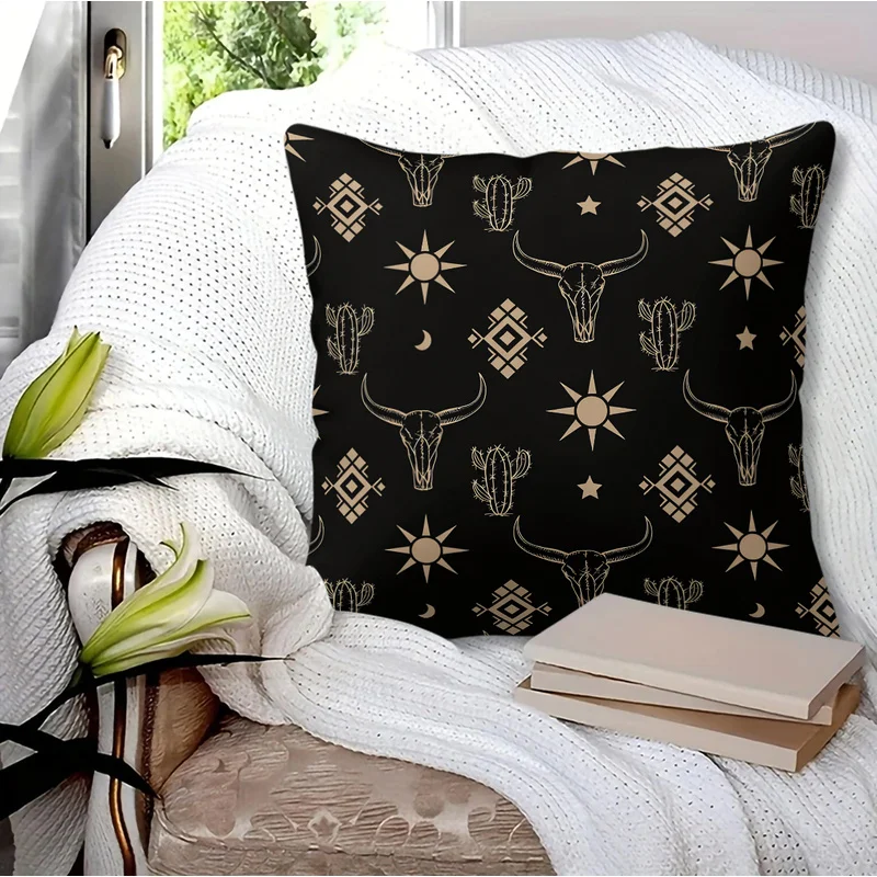 Polyester Blend Square Throw Pillow(With Pillow Insert) For Sofa Couch,Skin-Friendly,Western Boho Cactus Cow Skull Tribal Print
