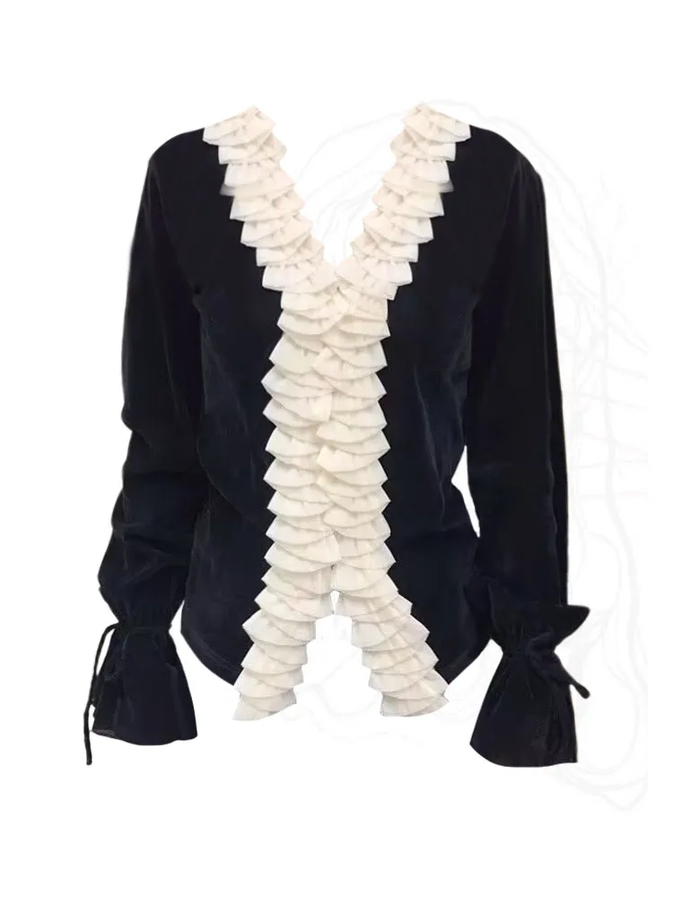 

French Flare Sleeve Velvet Blouses Sweet Fashion V-Neck Top Gyaru Vintage Casual Shirts Black Gothic 2000s Aesthetic New Design