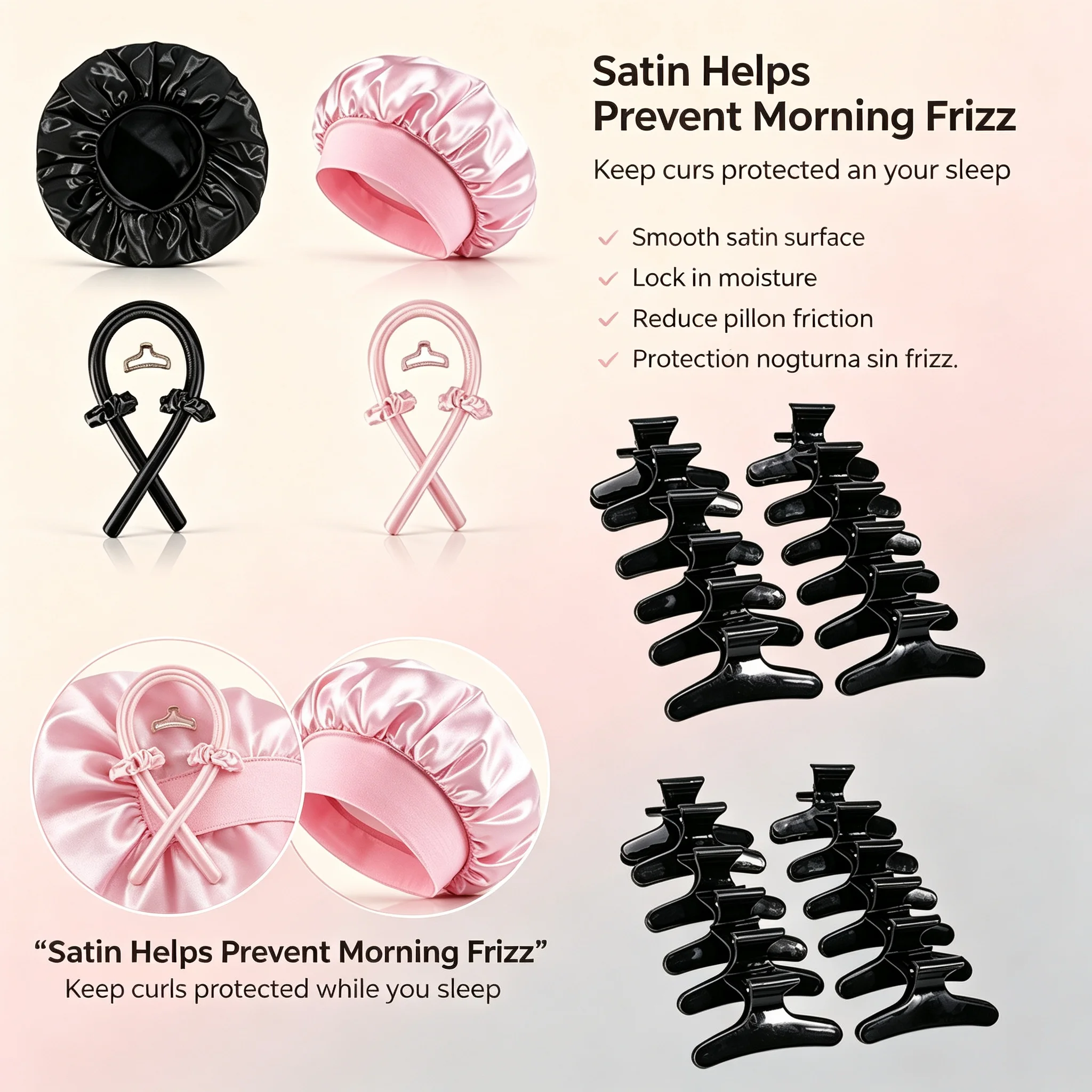 WANMEI Heat‑Free Overnight Hair Curler Styling Kit, 48‑Pack Alligator Hair Clips, 2 Heat‑Free Curling Rods And 2 Satin Bonnets, No Heat Damage Diy Hair Accessories For Overnight Curls And Home Hair Sectioning