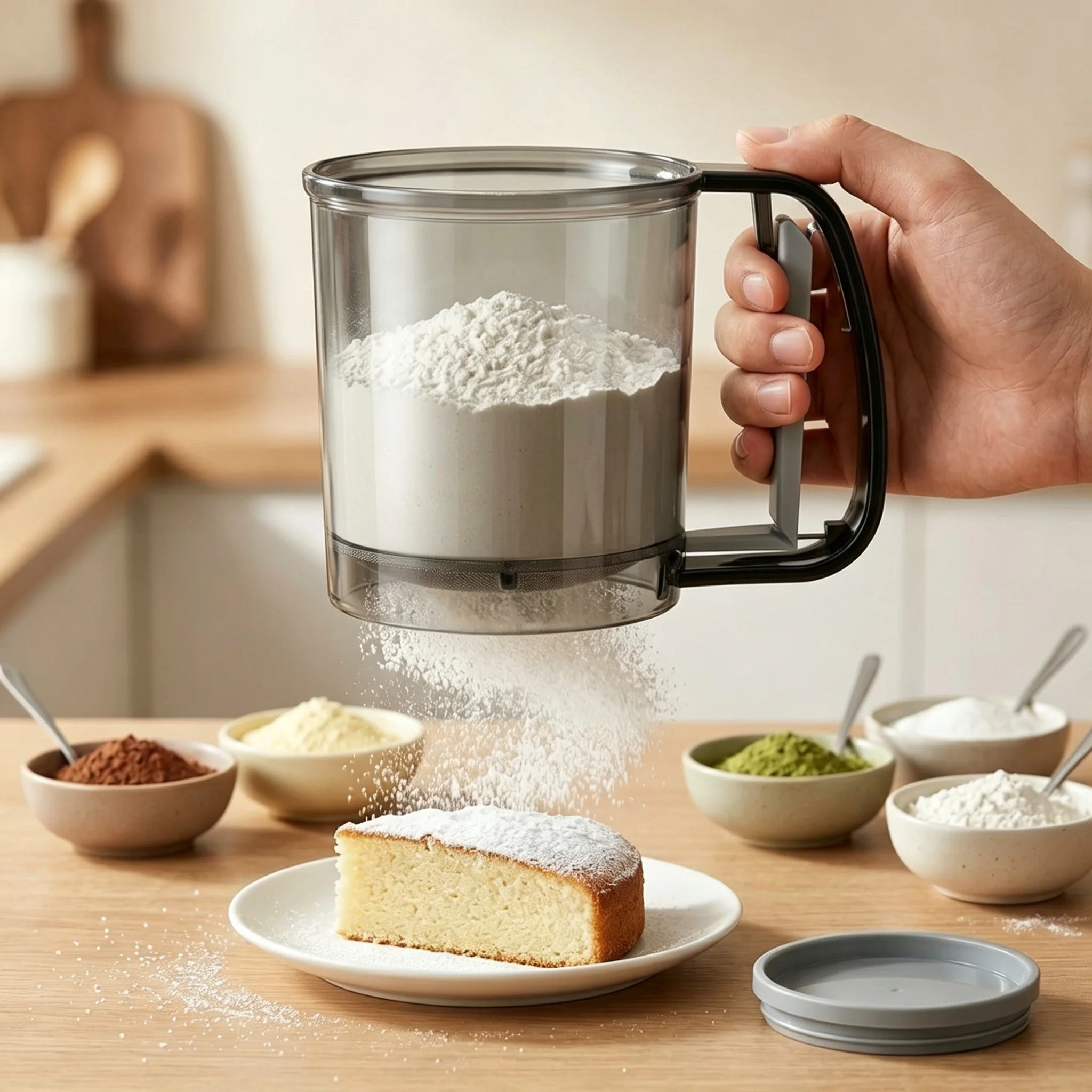250ml Handheld Flour Sifter ABS/Stainless Steel Semi-automatic Baking Flour Sieve Portable Press Flour Sifter for Sugar Cocoa