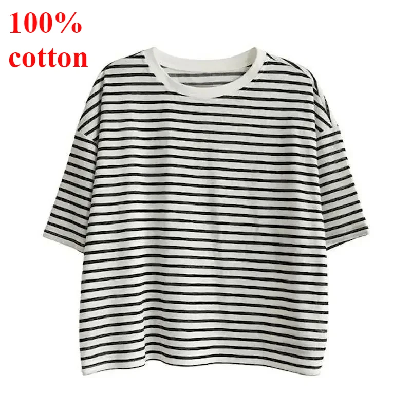 

100% Cotton T Shirts for Women Fashion Striped Design T-shirt Casual Loose Short Sleeve Oversized Tops Summer Trend Thin Tshirt
