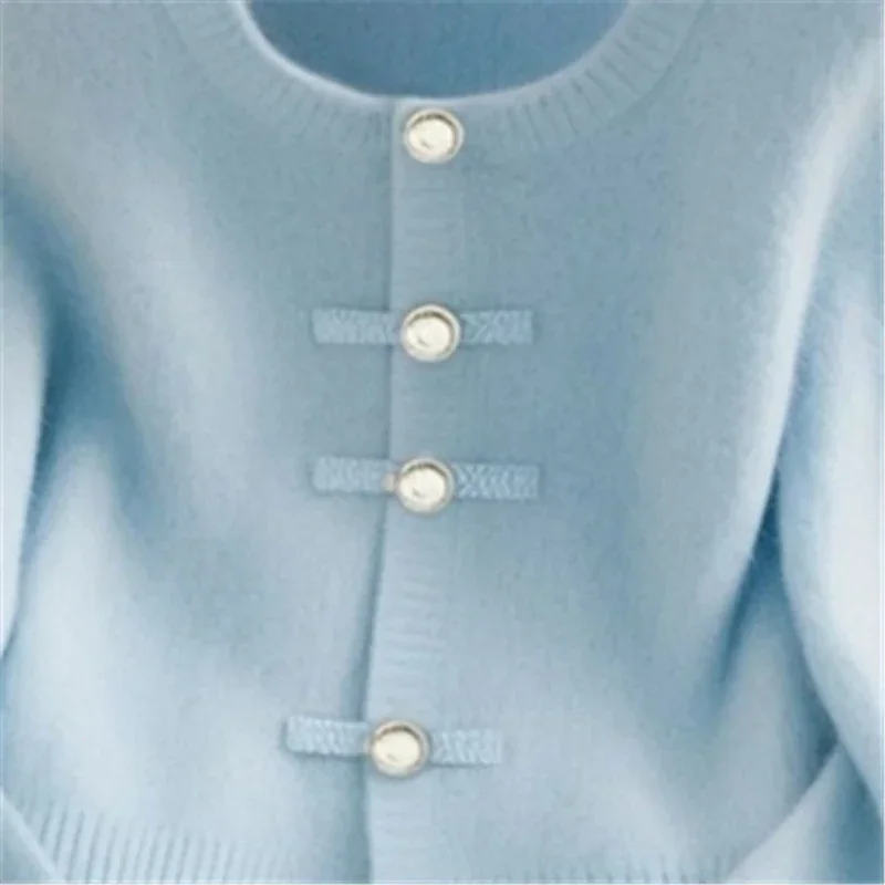 여성용 울 니트 가디건, 빈티지 버클 O-넥 긴팔 캐주얼 스웨터, 상의 니트웨어, 용수철 가을 의류, 새로운 패션