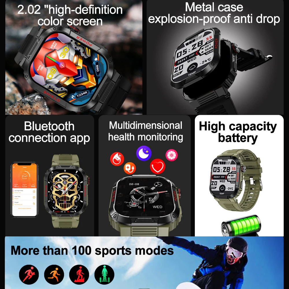 กีฬาฟิตเนสผู้ชายกลางแจ้งSmartwatch 2.02 "ฟันสีฟ้าCall Voice Assistant Heart Rateเลือดออกซิเจนสมาร์ทวอท์ชIP68 กันน้ํา