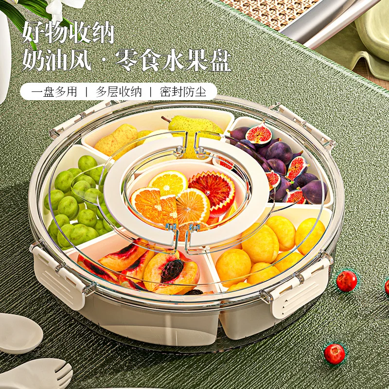 With handle six division rotating fruit tray sealed moisture-proof dry fruit tray portable modern home round snack box with lid