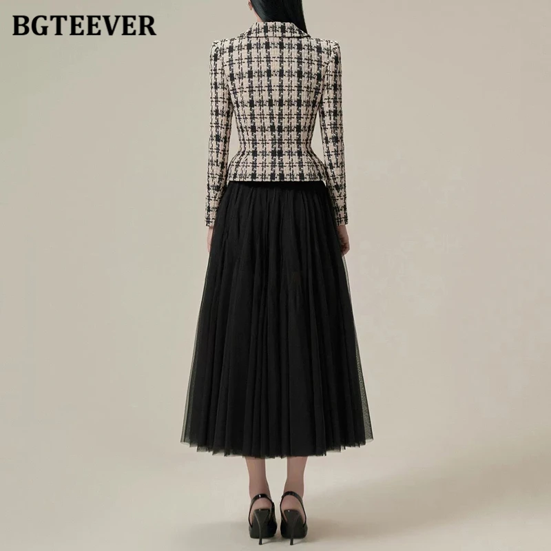BGTEEVER Spring Vintage Ladies Blazer Set Long Sleeve Single-breasted Houndstooth Jackets Women High Waist A-line Skirts