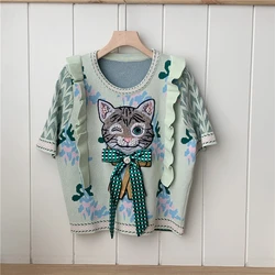 2024 Harajuku Diamonds Beaded Cat Bow Embroidery Jumper Tops Sweater Women Ruffles Flower Jacquard Cartoon Short Sleeve Pullover