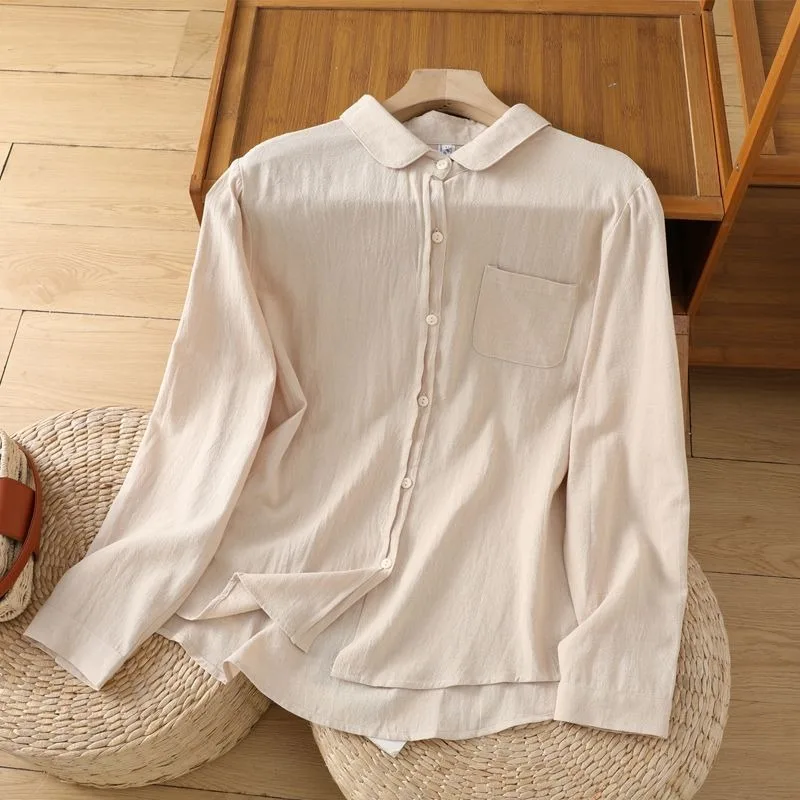 Literary Women Spring Cotton Linen Shirt Peter Pan Collar Long Sleeve Loose Casual Versatile Blouse