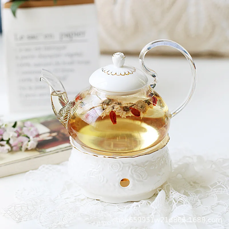 English Light Luxury Flower Tea Pot Set Candle Heating Base Heat Resistant Glass Afternoon Tea Fruit Teapot 600ml Home Gift