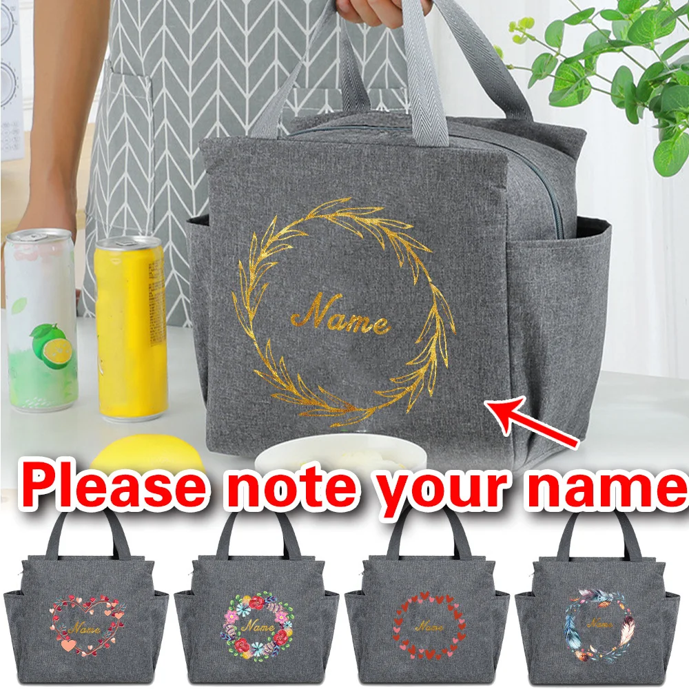 Customized Name Insulated Grey Lunch Bag Personalized Aluminum Foil Bento Lunch Bag Large Capacity Insulated Picnic Food Bag