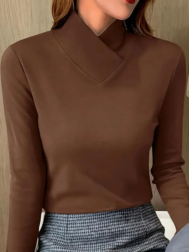 Herbst/Winter Damen Casual Langarm-T-Shirt mit hohem Kragen – Detail 2