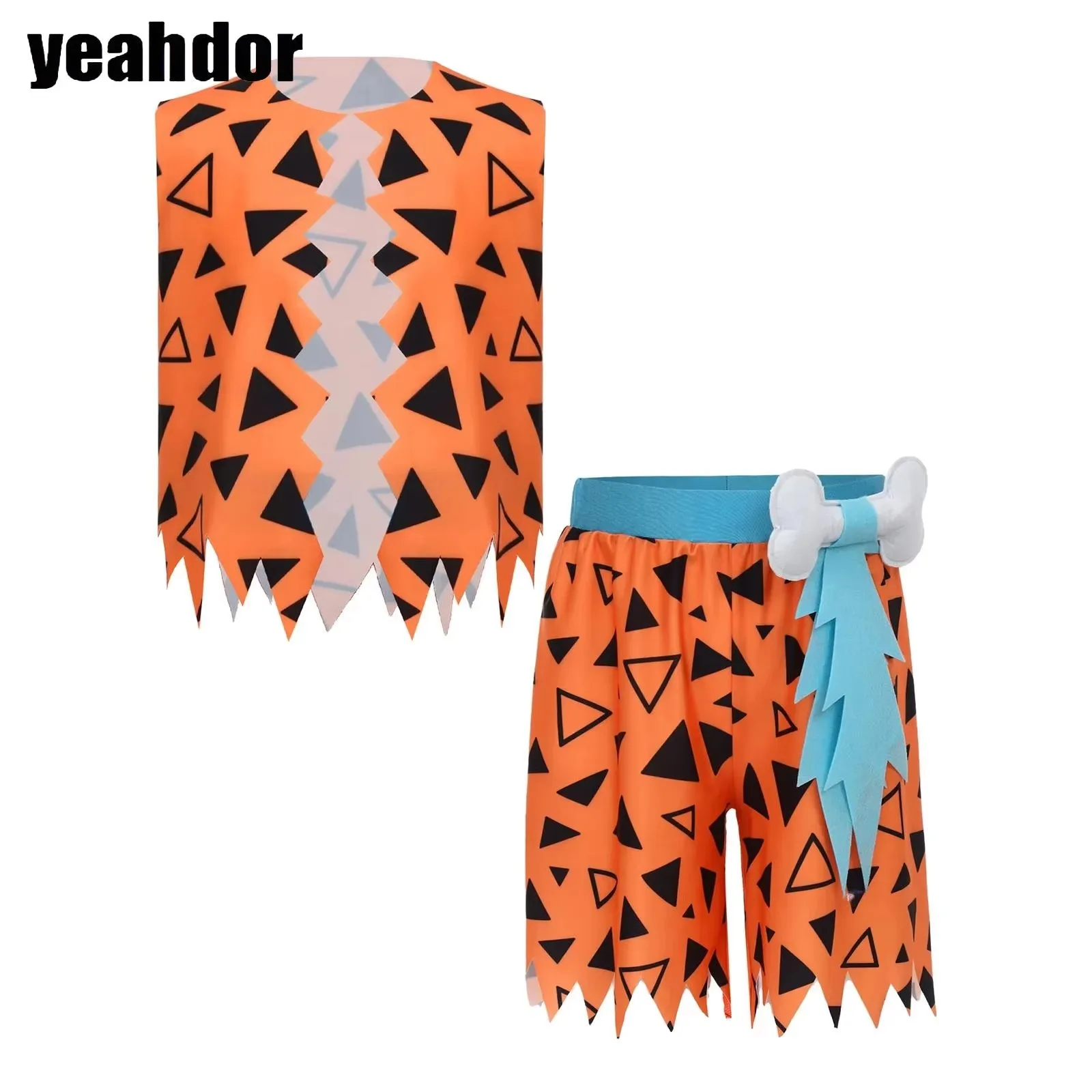 

Boys Primitive Savages Costume Cavemen Flinstones Stone Age Indian Cosplay Sleeveless Jagged Trim Vest Shorts Halloween Outfits