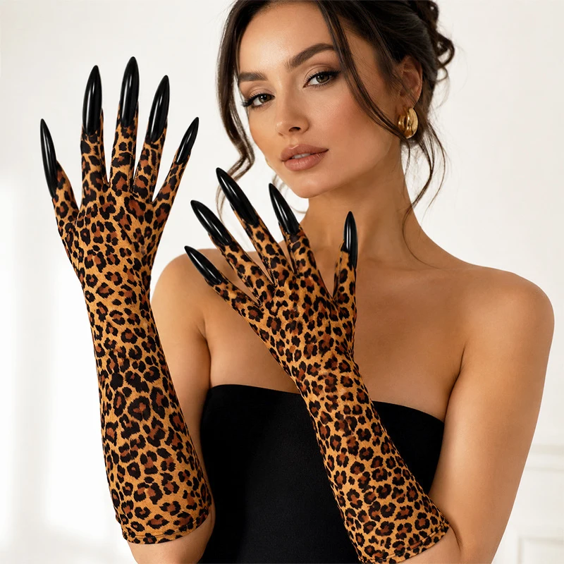 Halloween Leopard Print Long Nails Claws Elasticity Gloves Women Sexy Party Cosplay Gothic Costume Props Stage Performance