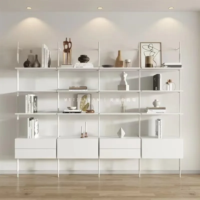 Minimalist Wrought Iron Bookshelf Multi Layer Wall Floor Standing Display Shelf with Drawer Partition Library Bookcase