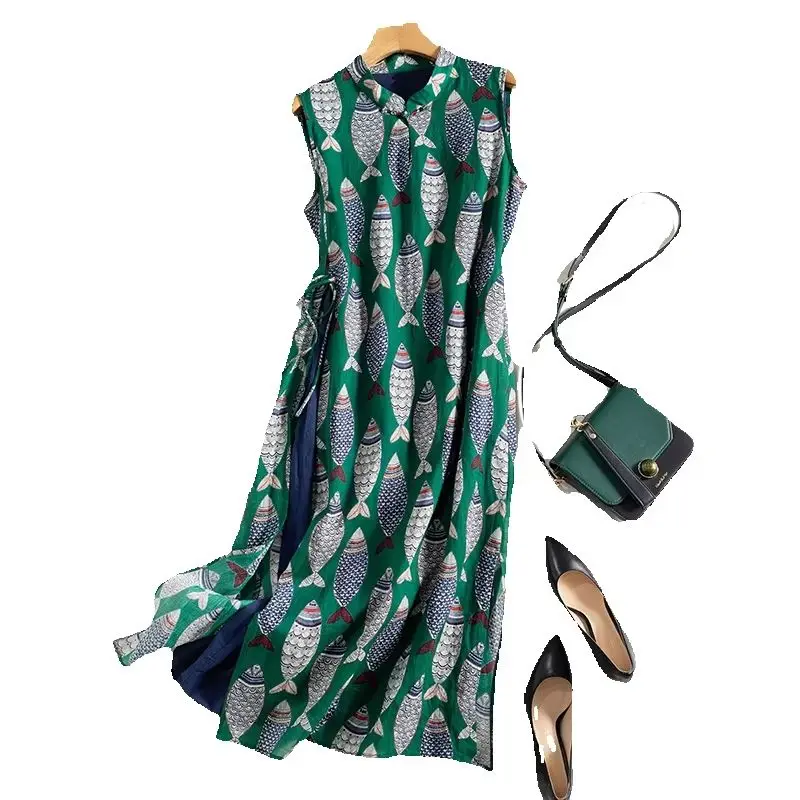 Fisch Plaid Print Vintage Baumwolle Leinen O-Ausschnitt ärmellose A-Linie lose Damen kleid koreanische Mode Mid-Calf Kleider für Frauen