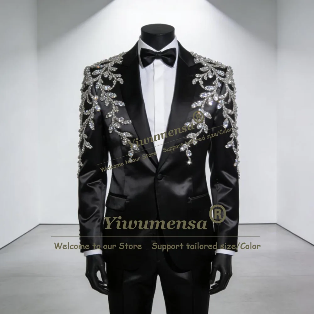 Brilliant Satin Men's Tuxedo Suit Set Formal Wear Single Breasted Prom Blazer Customized Crystals Sequin Jacket Pants 2 Pieces