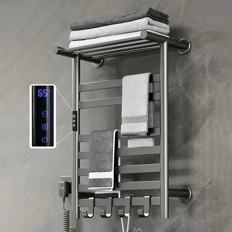 Black White Gray Electric Heated Towel Rack with Shelf Digital Display Temperature Control Timing Bathroom Towel Warmer Dryer