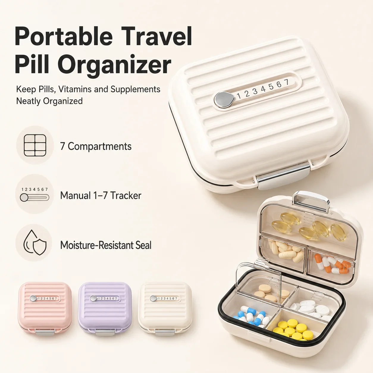 Portable Travel Pill Organizer 7 Compartments Vitamin Organizer Medicine Box Pill Case Daily Supplement Storage Box