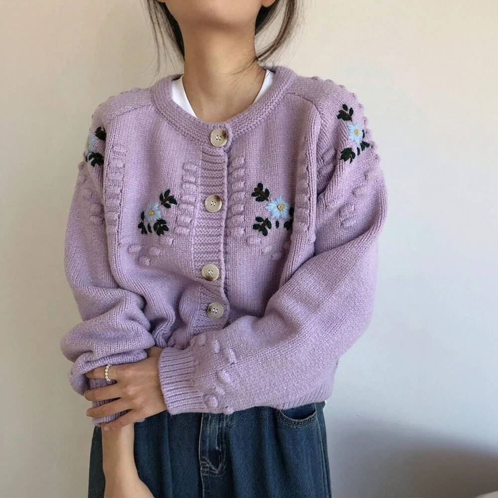 미아 뮤즈 여성용 플로럴 버튼 카디건 긴 소매 라운드 넥 캐주얼 가을 겨울 우아한 일상복