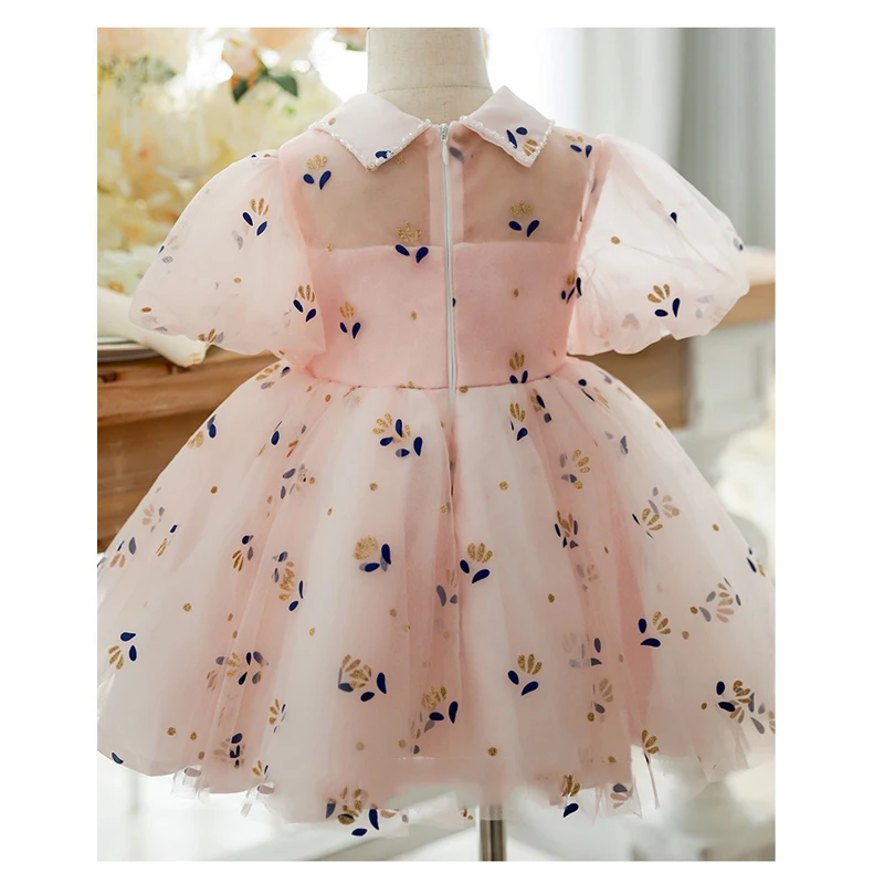 Sweety Pink Flower Girl Kid Ball Gown for Wedding Party Celebirition Pageant Performance Girls Short Puffy Sleeve Spring Dresses