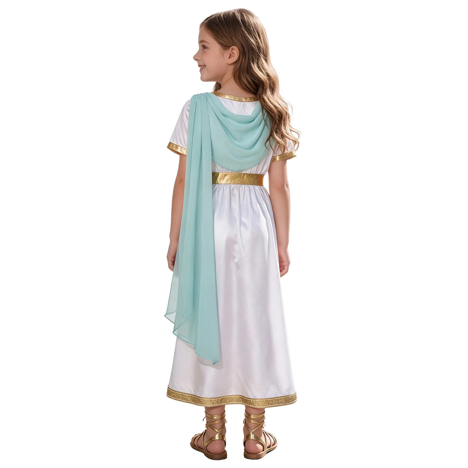 Kid Girls Ancient Greek Athena Goddesses Toga Costume Short Sleeve Metallic Trim Satin Shawl Dress Halloween Party Cosplay Robe