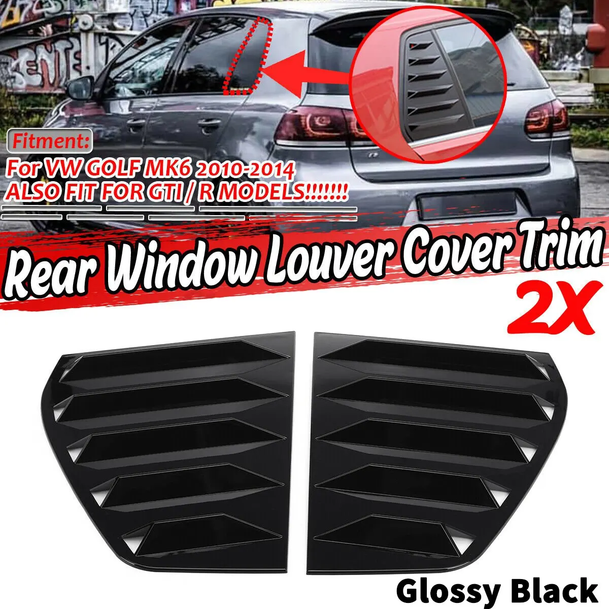 For-GOLF 6 MK6-R 2010-2014 Rear Side Window Louver Sun Shade Cover Trim Glossy Black