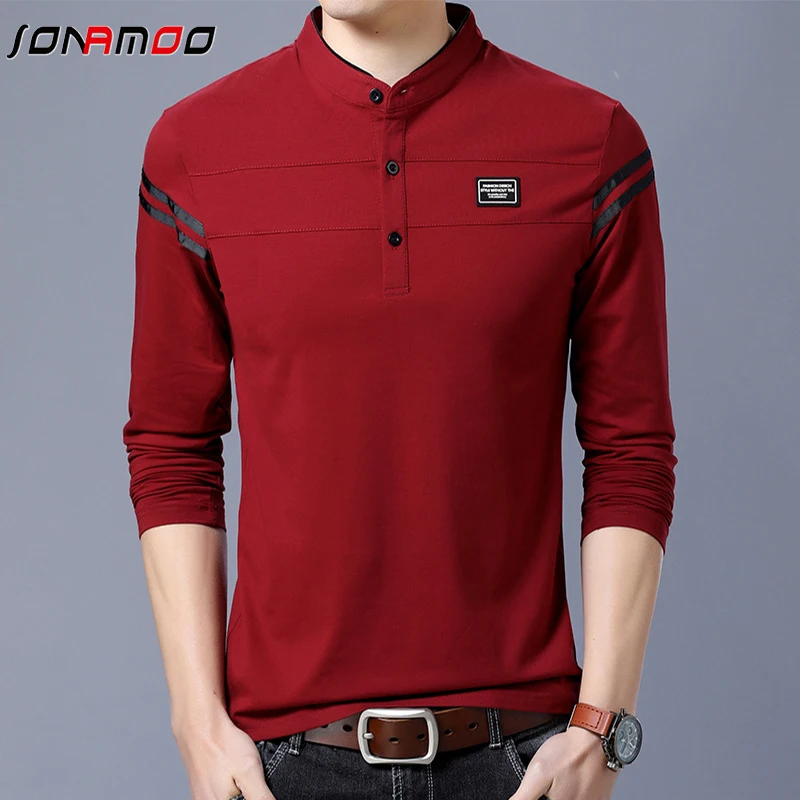 Men\'s Fashion Summer Long Sleeved POLO T-shirt Casual Cotton Breathable Top Stand Up Neck Long Sleeve Korean Comfortable Shirt