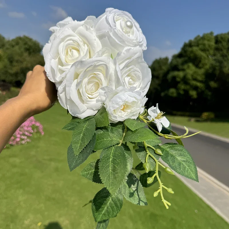 1pc White Rose Bridal Bouquet Nature Cascading Wedding Tossing Bouquet Rose Gift for Ball Party Prop Valentine's Day Flower