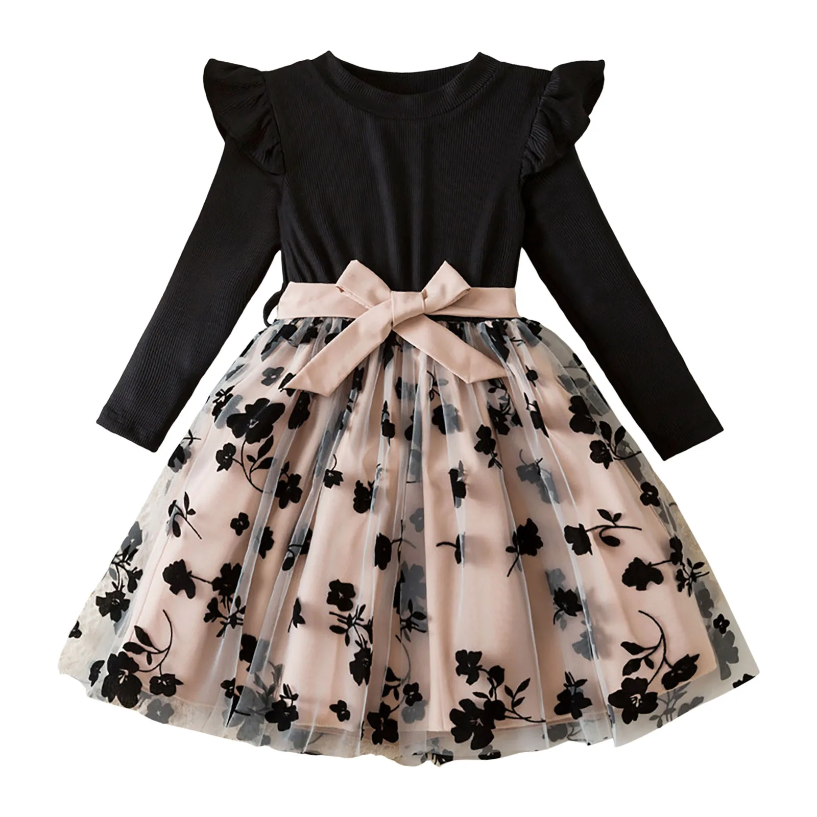 

Платье с цветочным принтом для маленьких девочек, платье с длинными рукавами для девочек, удобное мягкое сетчатое модное платье принцессы, размер 4 лет, платья для девочек