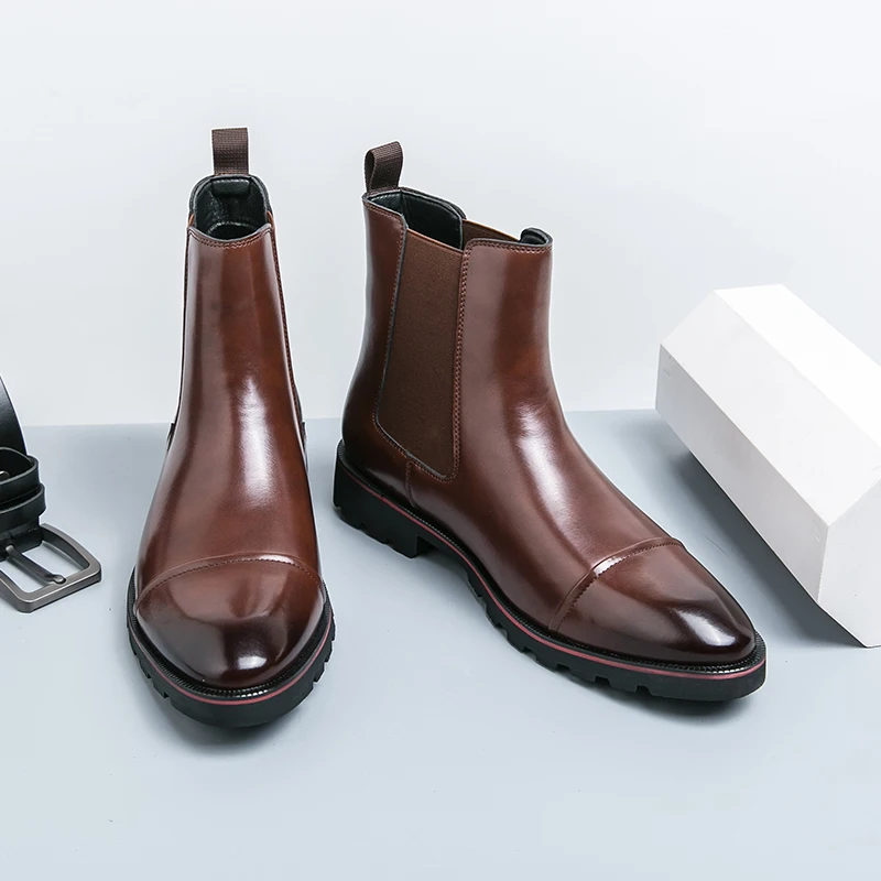 Autumn/Winter Black/Coffee Genuine Leather Pointed Toe High-top Bullock Oxford Dress Shoes For Men Ankle Business Chelsea Boots