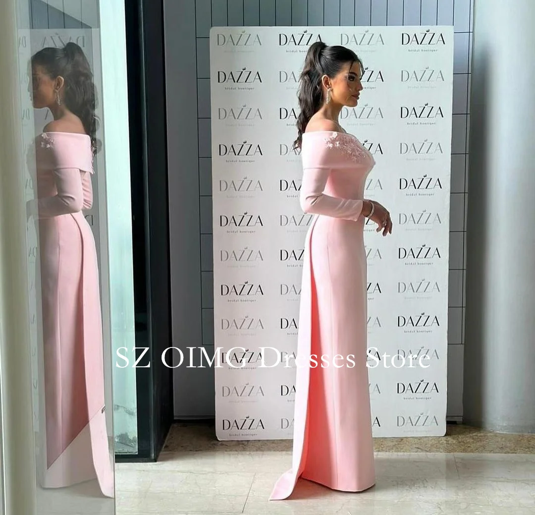 OIMG Saudi Arabia Crepe Satin Prom Dresses Off-Shoulder Dress Long Sleeves  Dress Formal Women Wedding Party Gowns Customized