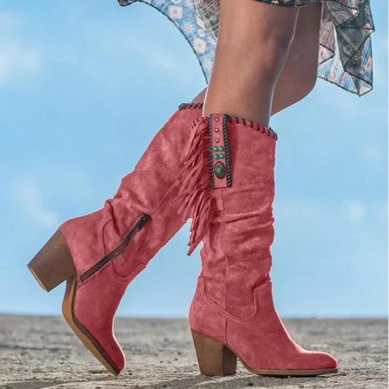 Women Winter High Boots Trend Retro Metal Buckle Pointed Toe Thick Heel Tassle Western Cowboy Boots Female Shoes Botas De Mujer