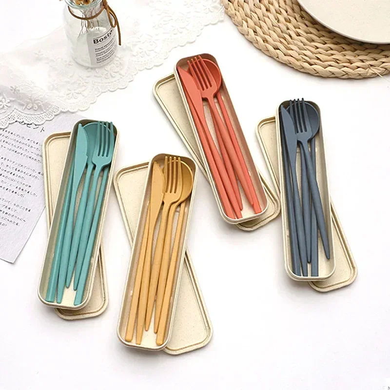 3pcs/set Travel Cutlery Portable Cutlery Box Japan Style Wheat Straw Spoon Chopstick Fork Student Dinnerware Sets