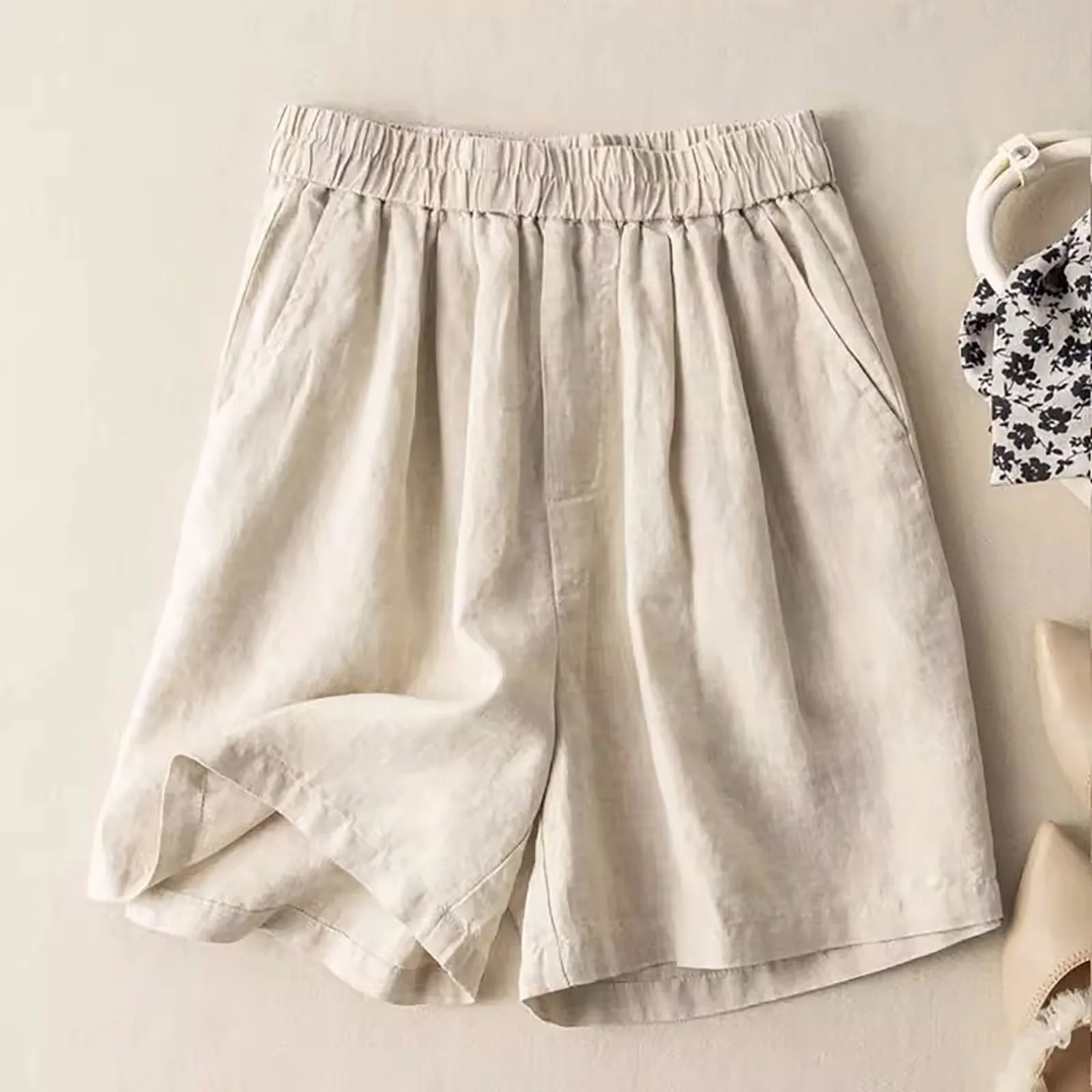 

Women's Casual Cotton Linen Shorts 2023 New Summer Solid Color High Waist Shorts Plus Size Wide Leg Running Exercise Trousers