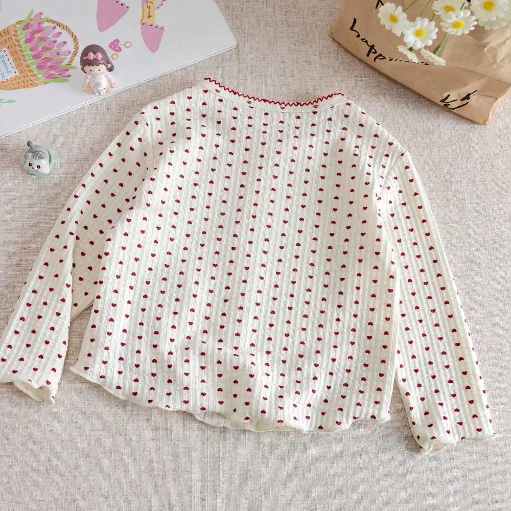 Autumn Korean Style Girls Long Sleeve Heart Print T-Shirt, Fashionable Basic Layering Top Baby Girls Spring Autumn Wear 5
