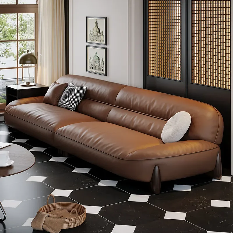for Leather Sofa Modern Simple Light Luxury Cowhide Brown High Density Sponge Small Apartment Straight Row Light Luxury Style